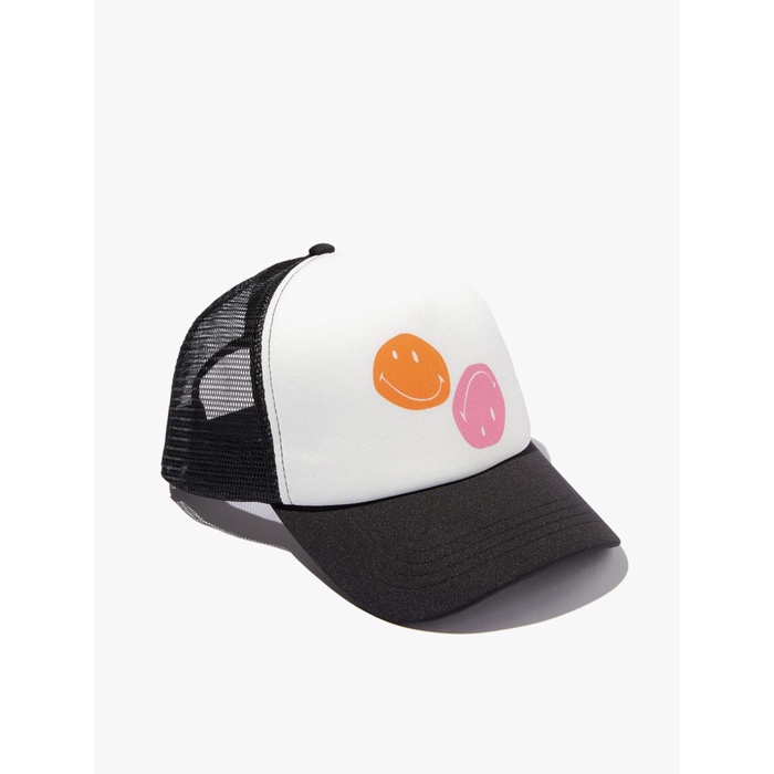 Topi Rubi - Topi Wanita - Graphic Trucker Cap - Raver Warped Smiley Black