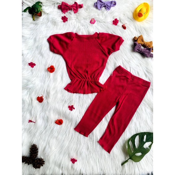 Baju One Set Anak Perempuan FIONA Lengan Balon Bloom Ruffle Knit Tee 1-5 Tahun