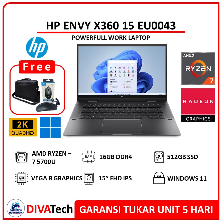HP Envy X360 15 Touch Ryzen 7 5700U 16GB 512GB SSD Vega 8 FHD IPS W11
