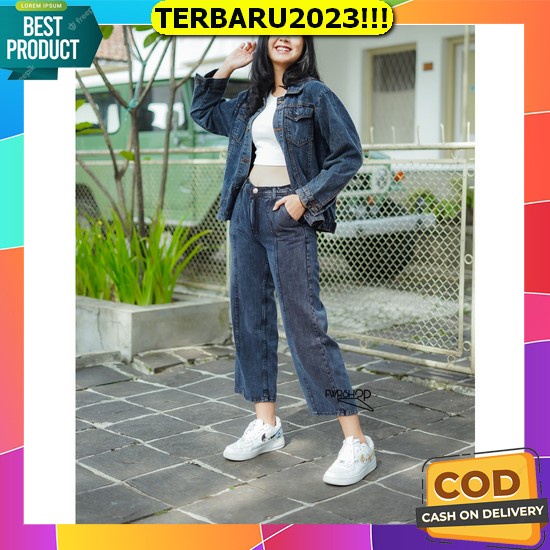 High Waist Celana Panjang Kulot Jeans Wanita Ujung Pinggir Belah Sobek Celana Jins Hw Cewek Kekinian