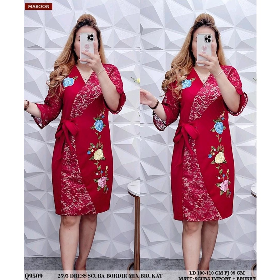 New..Dress Caren Brokat bordir Kombinasi Bahan Scuba Strech/Dress Scuba Formal Wanita/WSI