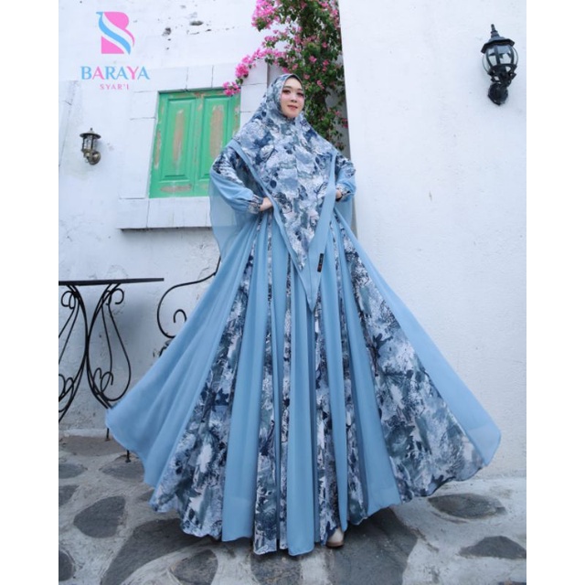 gamis set khimar busui pecah 8 syari motif mewah premium branded baraya syari