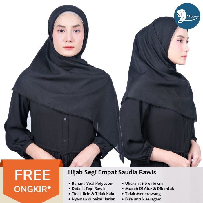Hijab Segi Empat Saudia Rawis Jilbab Polos Hitam Bahan Polyester