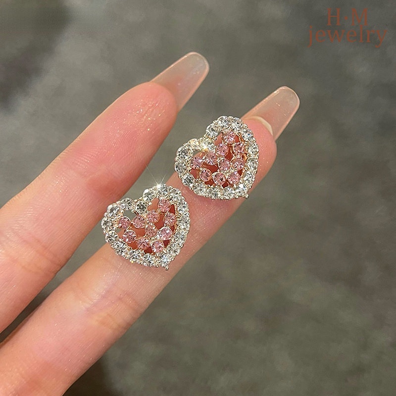 S925 Perak AAA Zircon Pink Love Heart Stud Earrings Ringan Mewah Manis2023Anting Baru