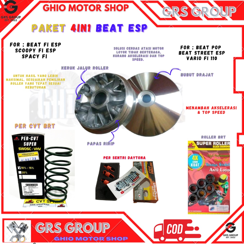 Paket cvt 4in1 Beat esp Scoopy esp Vario 110 esp Beat Street Esp Beat Pop/ Paket Kirian cvt Beat esp stater halus k44 Pulley custom beat esp Pulli custome beat esp scoopy stylist paket kirian standar rumah roller custom