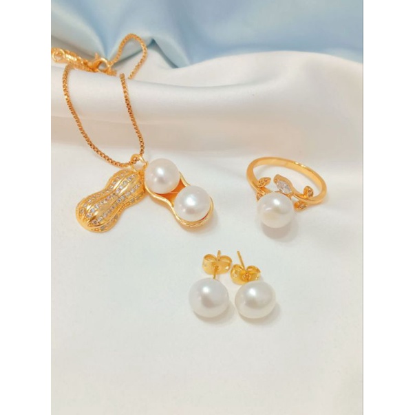 SET PERHIASAN 3 IN 1 ANTING KALUNG CINCIN MUTUARA AIR TAWAR LOMBOK KALUNG KACANG MUTIARA LOMBOK