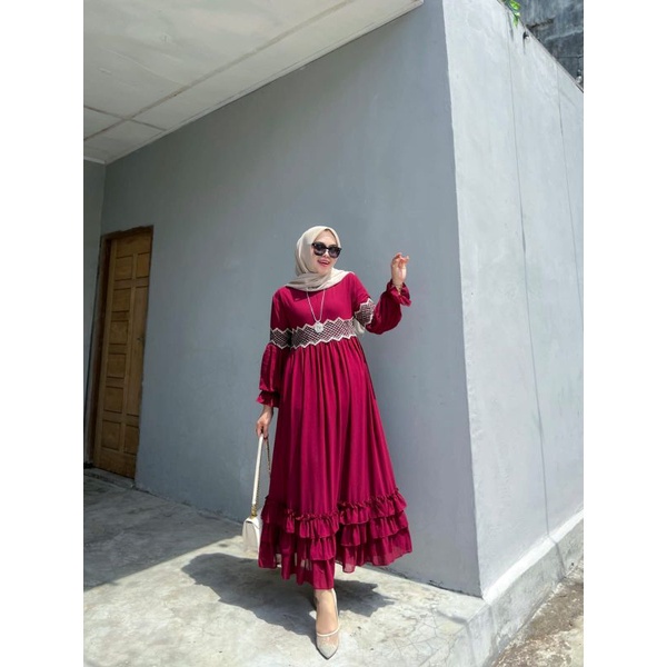 Fujita Midi Dress Wanita Terbaru Kekinian Busui Polos Katun Mewah Elegan