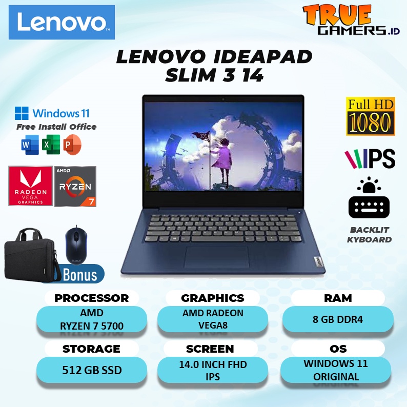 LAPTOP LENOVO IDEAPAD SLIM 3 14 RYZEN 7 5700 20GB 512SSD VEGA8 W11 14.0FHD IPS