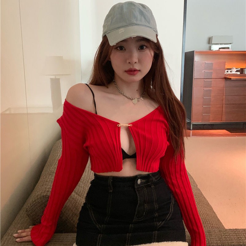 Red V-neck sweater lengan panjang pit strip all-match self-budidaya ceruk pendek warna solid self-budidaya temperamen sweater top wanita in