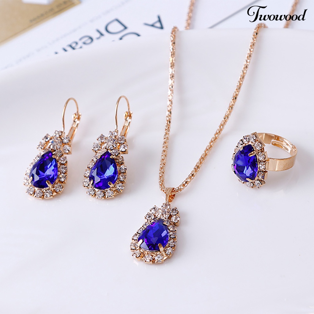 Twowood Set Perhiasan Eye-catching Mudah Senada Wanita Tetesan Air Berlian Imitasi Mengkilap Kalung Cincin Anting Untuk Pesta