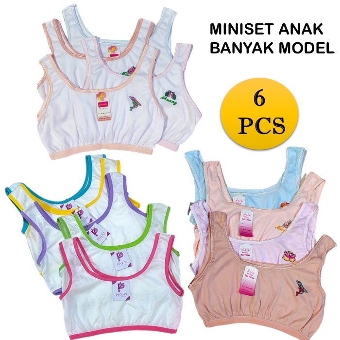 6pcs Miniset Anak Cewek 100% Katun BRA Miniset Anak Remaja Tali Besar Tanpa Busa Miniset Motif Polos
