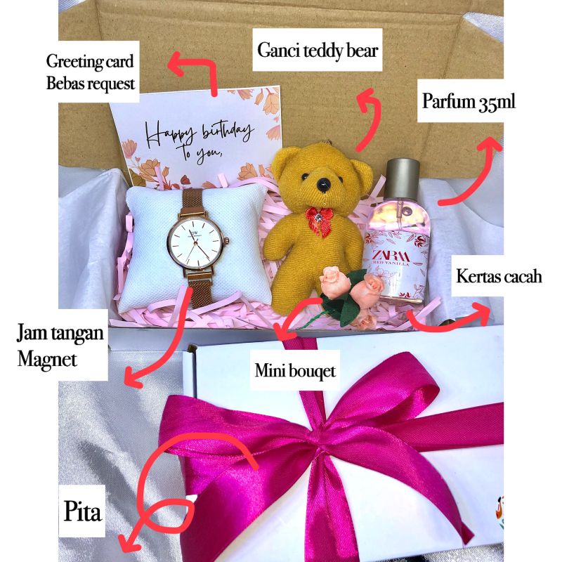 miffglow (jam boneka parfum) HAMPERS I KADO I GIFT BOX JAM TANGAN RANTAI PASIR MURAH jam tangan magnet hampers unik kado ulang tahun hampers simple mini scarlett whitening parfum boneka kado pacar kado sahabat Box hampers kotak hampers natal