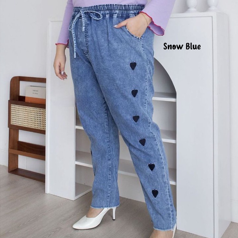 AFAREEN - Celana Jeans Love Pinggang Full Karet Kolor Baggy Jeans Love Super Jumbo BB 50-100 Kg