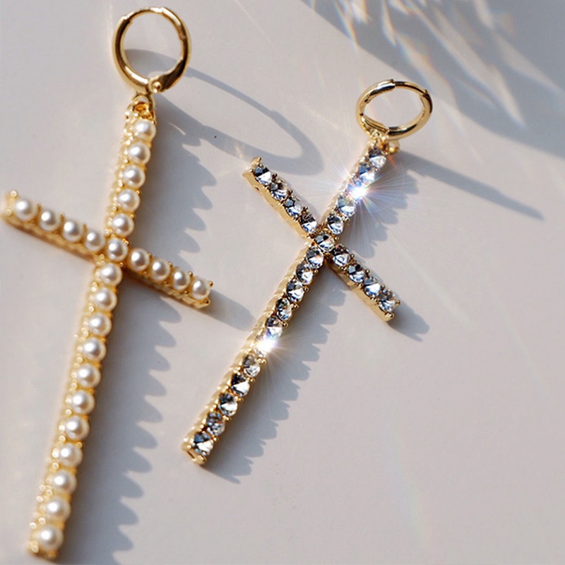 Fashion Mutiara Anting Salib Untuk Wanita Retro Hip Hop Asimetris Liontin Anting Earrings Kepribadian Liburan Ulang Tahun Perhiasan