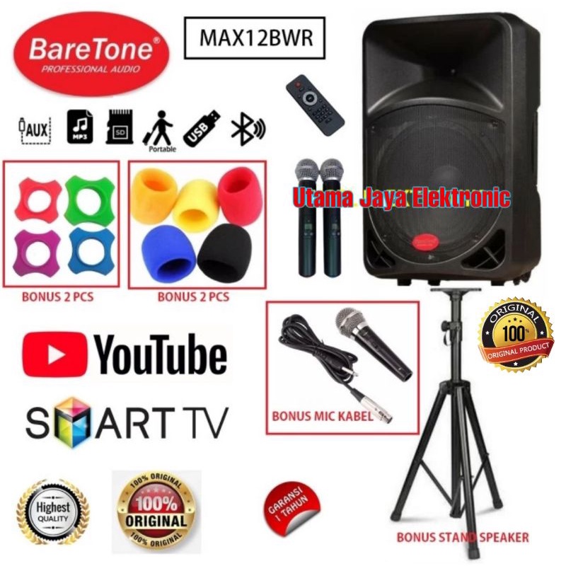 Speaker Portable Baretone BT-3H1212BWR 12 Inch Bluetooth Wireless 12BWR Original