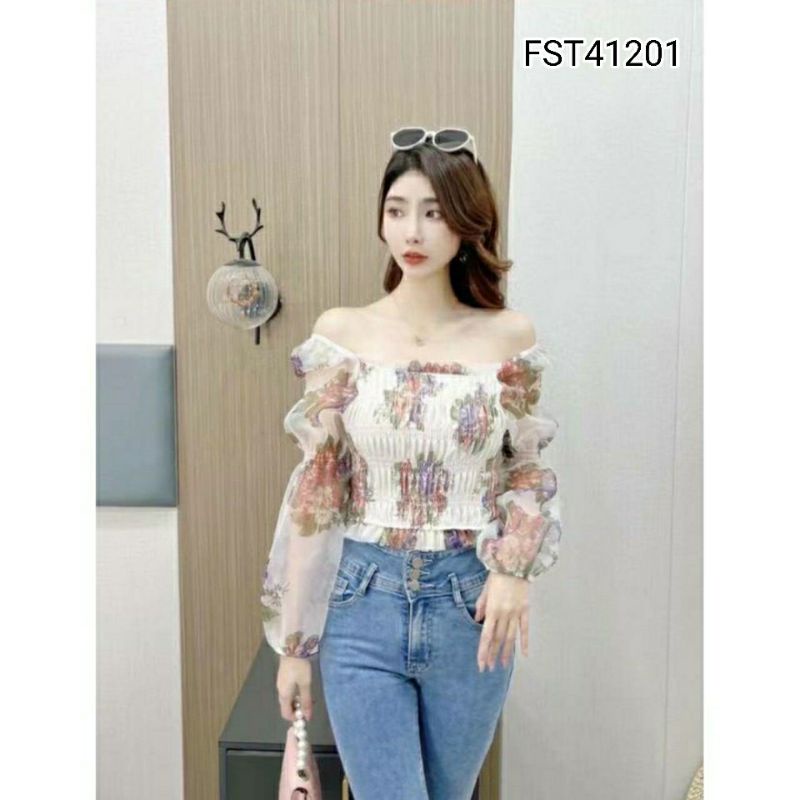 IMPORT See Through Organza Flower Top FST41201/ Baju Atasan wanita Two Ways Blouse Square Neck Sabri
