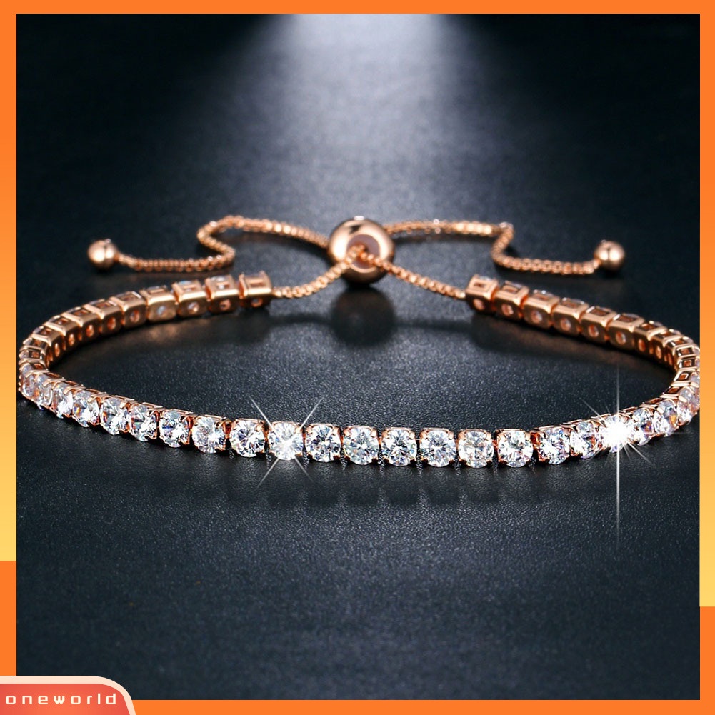 {oneworld} Mewah Cubic Zircon Baris Tunggal Tarik Slider Gelang Wanita Adjustable Bangle