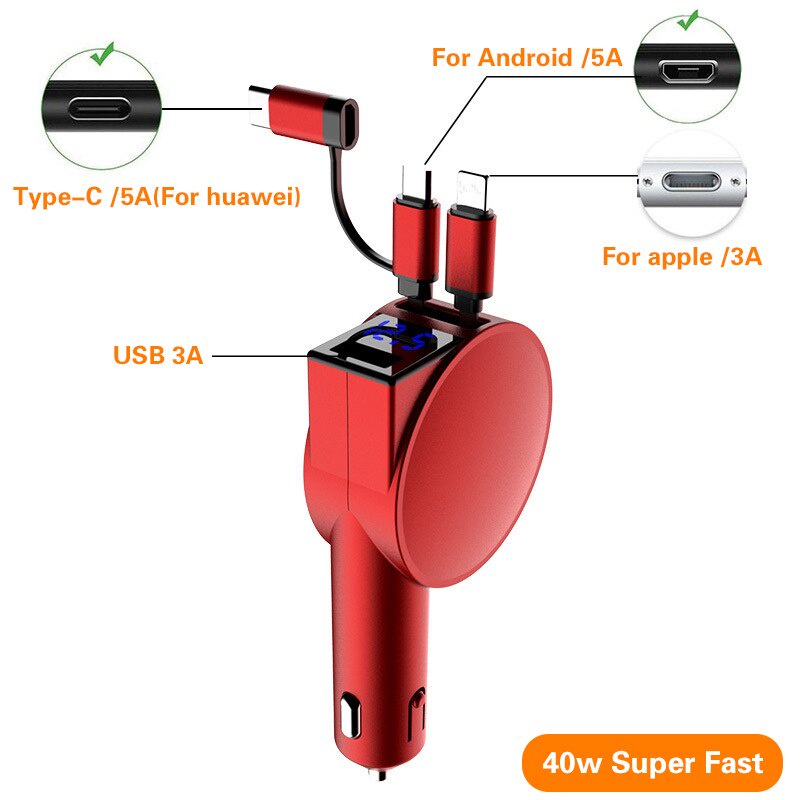 Charger Mobil 3in1 Dual-Line Retractable 60W Adaptor Charge Super Quick Charger Mobil Cepat Untuk iPhone Android Type-C Port