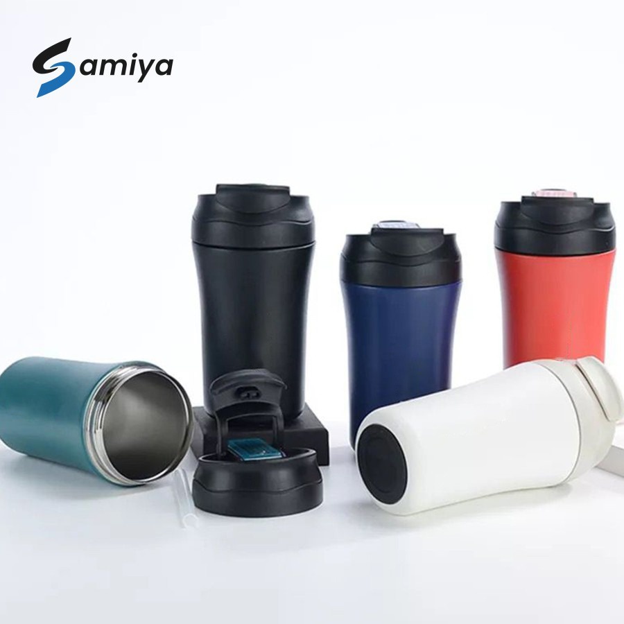 coffee tumbler dual drinking with straw / botol minum portable stainless 2in1 sedotan 400ml FREE custom grafir nama / thermos mug hot and cold