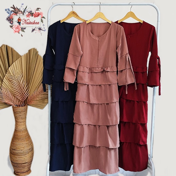 Maxi Dress Gamis Tumpuk Depan Wollycrepe Fashion Wanita Muslim Dress Polos Lengan Lonceng Ada Tali Bagian Lengan Busui Friendly