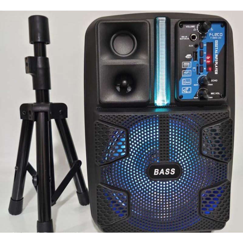 Speaker Bluetooth FLECO X-BASS F-8809LED 8,5 Inchi Free Tripod Dan Microphone Wireless Karaoke Remot Control Salon Aktif Portable Radio Fm