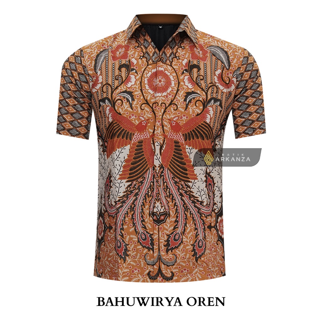 BATIK ARKANZA Motif BAHUWIRYA OREN Hem Atasan Kemeja Baju Batik Pria Premium Cowok Laki Laki Slimfit Full Lapis Furing Lengan Panjang Lengan Pendek Original Asli