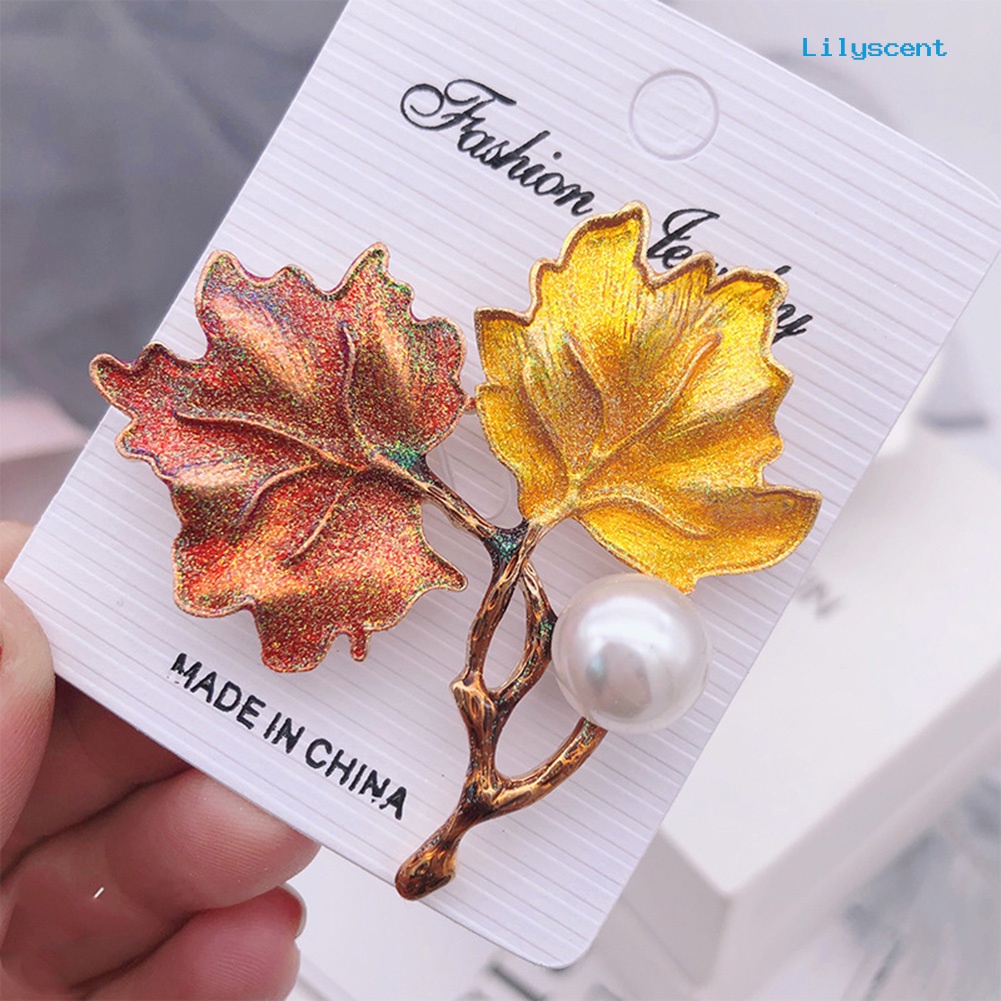 [LS] Wanita Vintage Mutiara Imitasi Blok Warna Maple Daun Bros Pin Perhiasan Hadiah