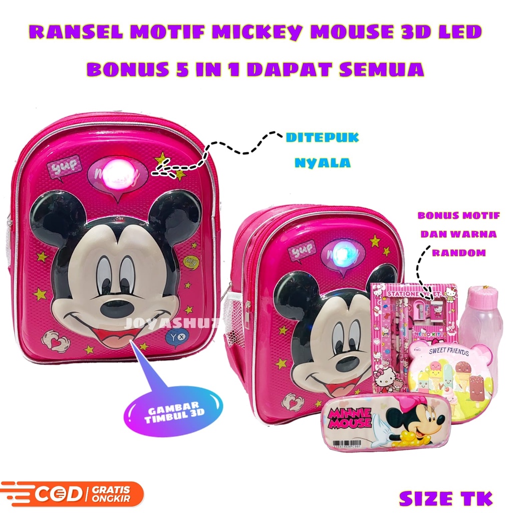 Ransel Anak Sekolah Perempuan Karakter Mickey - Tas Anak 3D Mickey Gemas - Ransel Lucu - Tas Gratis Bonus - Ransel Gratis Botol