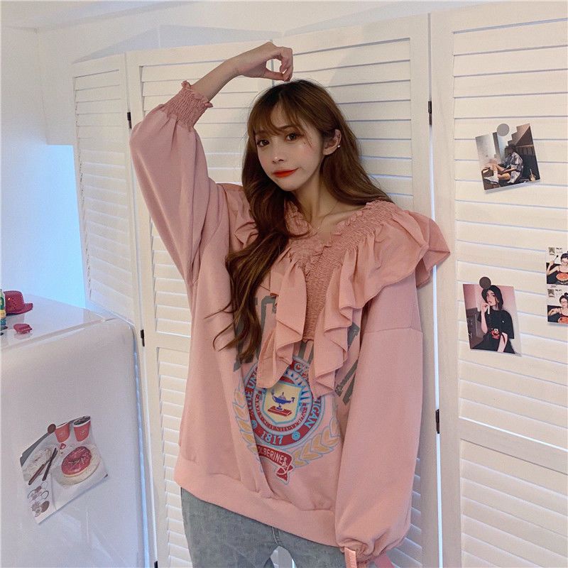 ✸[Pengiriman dalam waktu 48 jam] V-neck desain mesin hati sweater wanita musim semi dan musim gugur bagian tipis versi Korea longgar dan tipis bersih merah semua pertandingan tren atasan lengan panjang