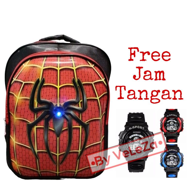 Tas Ransel Anak laki-laki karakter superhero spiderman gratis topi waistbag jam tangan