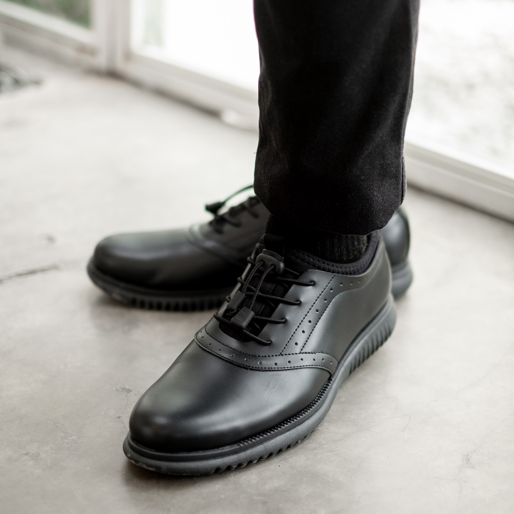 Orca Black - Sepatu Pantofel Pria Kulit Casual Pantopel Hitam Bertali Santai Kerja Kuliah Kantor Oxford Original