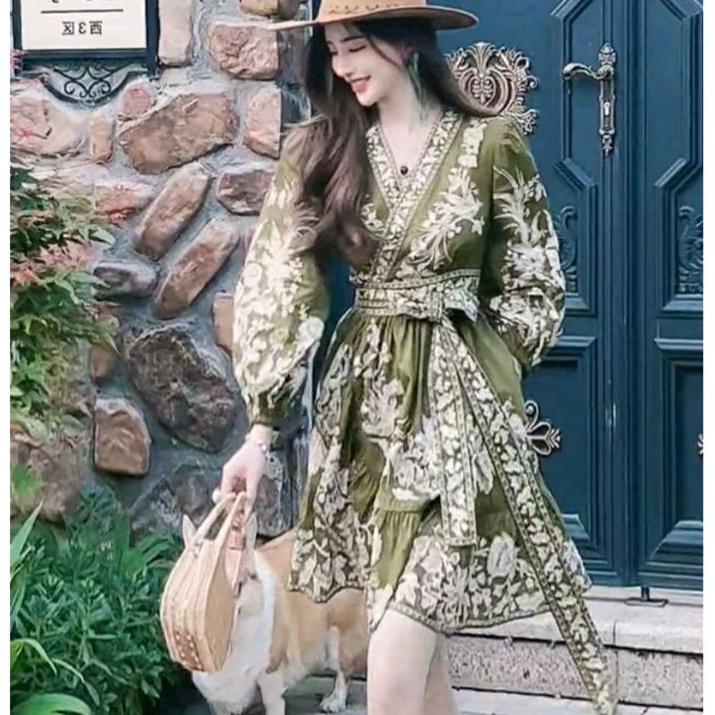 6988 Baju minidress WRAP tali samping lengan Baloon hijau army dres Korea Korean style wanita premiu