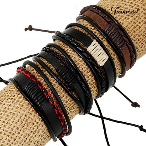 Twowood Unisex Vintage Retro Multilayer Braided Faux Leather Wristband Gelang Bangle