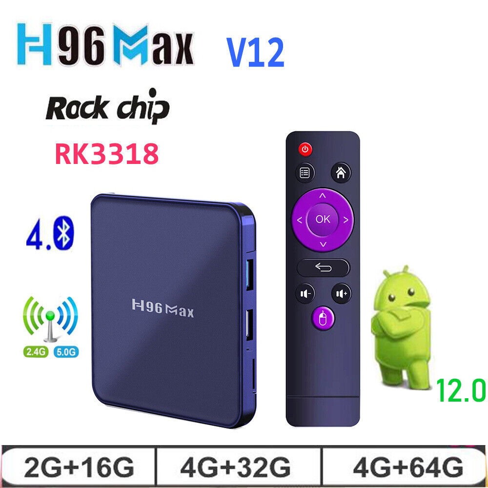 H96 MAX V12 - Android 12 Smart TV Box 4K UHD - Streaming Media Player Set Top Box dengan Koneksi Internet