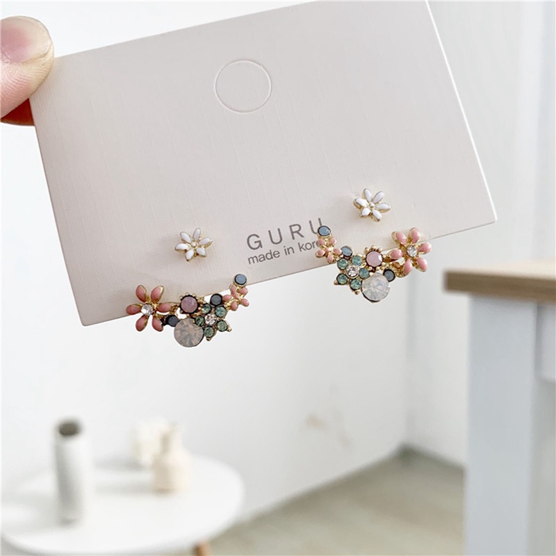 Korea Hot Fashion Perhiasan Segar Lucu Kait Drop Oil Flower Stud Earrings Anting Kristal Untuk Wanita