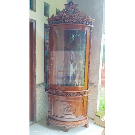 lemari sudut 1 pintu / lemari sudut cincin kaca 1 pintu / lemari sudut kayu jati