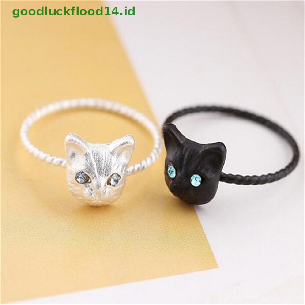 [GOOGFOUR] 1pc Wanita Mini Indah Kucing Berbentuk Cincin Berlian Imitasi Studd Ring Hitam Emas Perak [TOP]