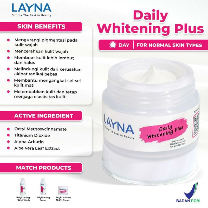 LAYNA DAILY WHITENING PLUS CREAM / KRIM PEMUTIH PENCERAH WAJAH GLOWING BPOM AMAN BUMIL BUSUI