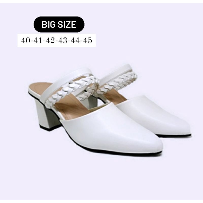 BIG SIZE Woman 40-45 / Bustong Kepang Wanita JUMBO.119 Sendal Sepatu Putih Formal Kepang Belatop Oversize Kasual Kulit Krem, 44