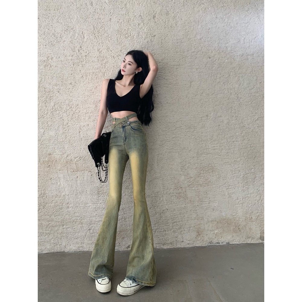 ☎❍Retro Spice Girls Crossover Pinggang Tinggi Micro Flared Jeans Musim Gugur Ramping Elastis Ramping Rasa Desain Mengepel Celana Wanita
