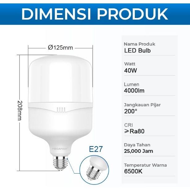 LAMPU LED / BOHLAM MEGAMAN T-BULB YTT120Z1 40W / 40 WATT GARANSI RESMI - 6500K PUTIH