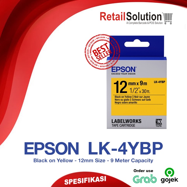 Epson LabelWorks Tape Cartridge LK-4YBP LK4YBP - 12mm x 9m Black on Yellow