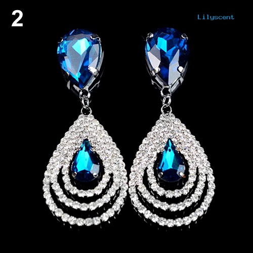 [LS] Lady Girl Elegan Teardrop Menjuntai Drop Ear Studs Rhinestone Earrings Cocktail