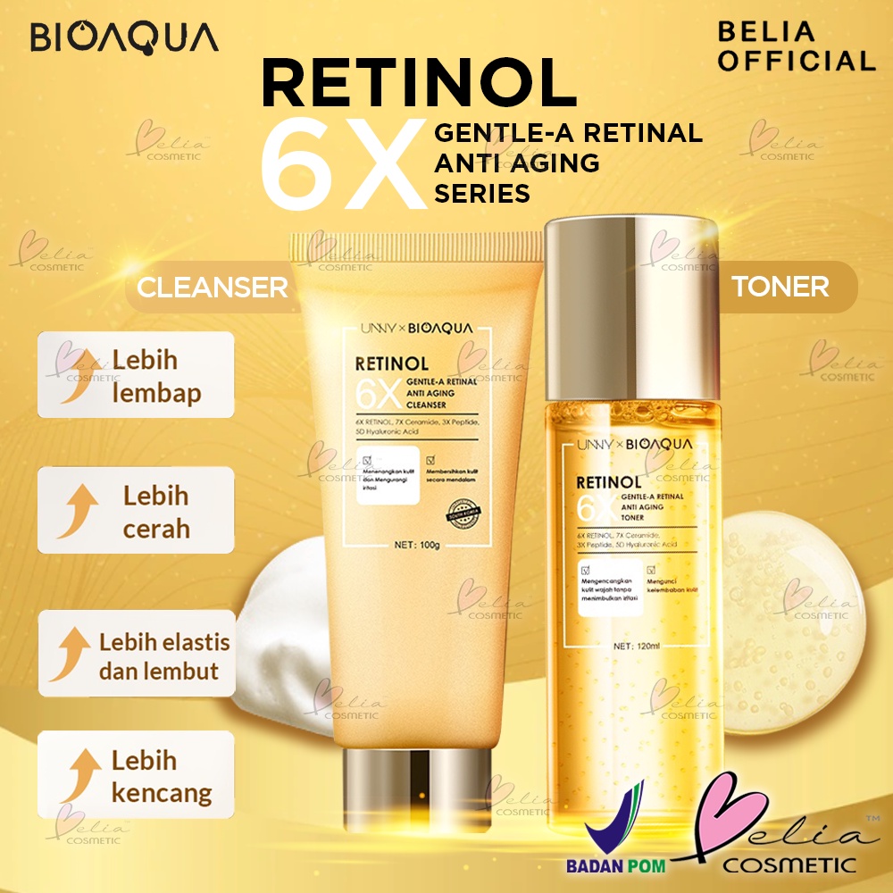 ❤ BELIA ❤ BIOAQUA 6X Gentle-A Retinol Anti Aging Skincare Retinol Cream Wajah | Retinol Serum Glowing | Facial Wash | Hydrating Toner | BPOM