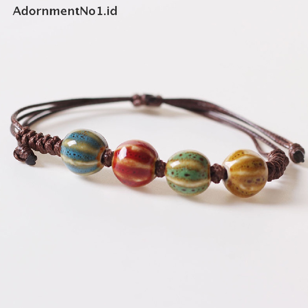 [AdornmentNo1] Kasual Gaya Etnik Fashion Keramik Manik-Manik Dainty Gelang Untuk Wanita Pria Bangle Adjustable Handmade Manik-Manik Keramik Wax Rope Bracelets [ID]