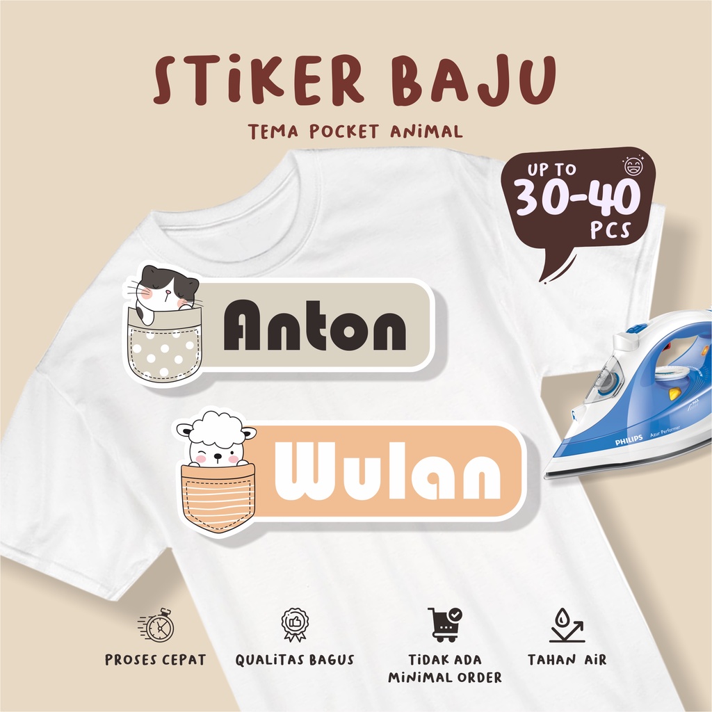 

( 30 - 40 pcs )murah stiker baju/POCKET ANIMAL/bisa custom nama/stiker sablon dtf