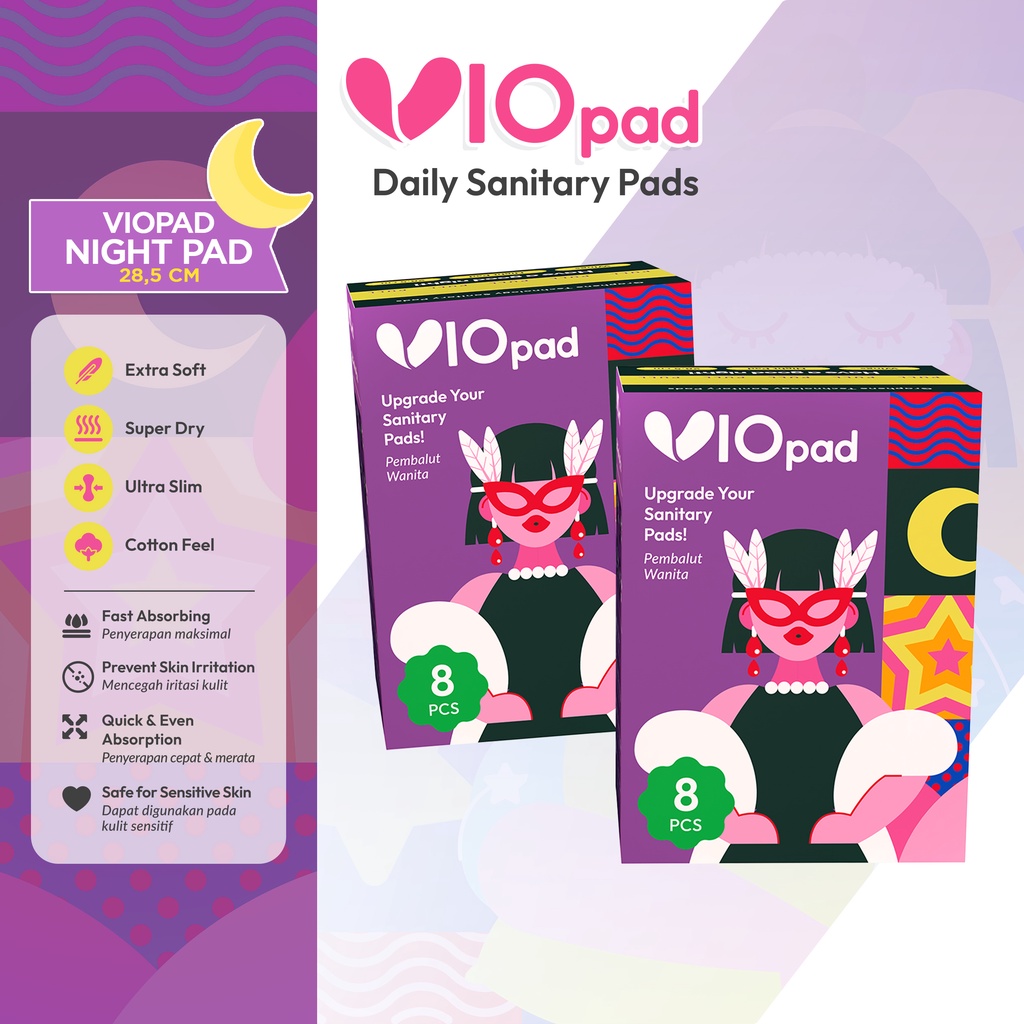 Vio Pads '8S Sanitary Napkins Night Pad pembalut isi 8 pcs yg menyerap maksimal dan aman untuk kulit sensitif