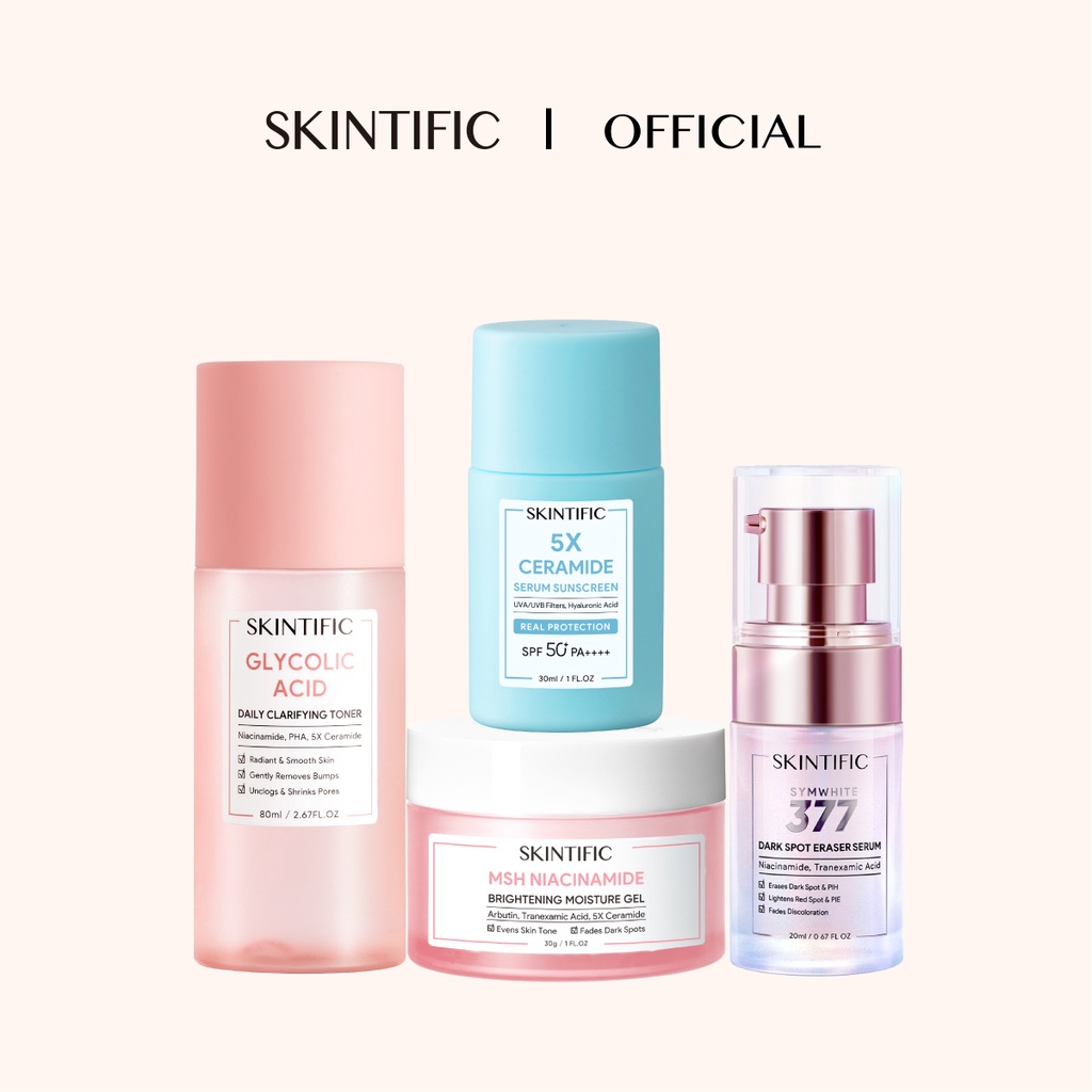 SKINTIFIC Skincare Set 4 PCS Niacinamide Moisturizer + Symwhite 377 Serum Anti Dark Spot + Glycolic Acid Toner + 5x Ceramide Sunscreen