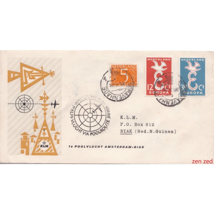 

A857 Prangko Belanda Cover Kuno 1958 KLM Amsterdam to Biak 1 Pcs