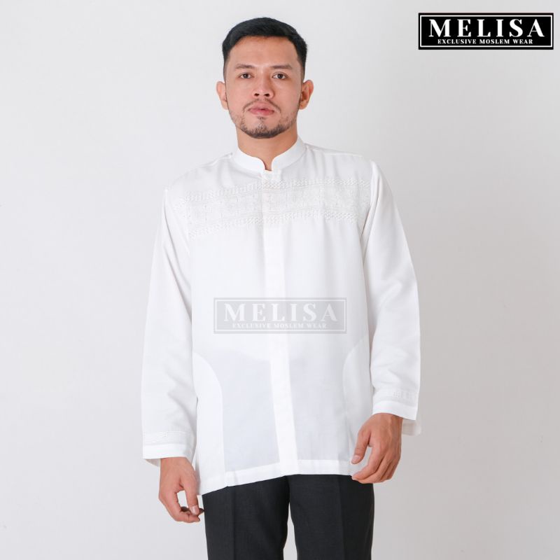 baju koko pria lengan panjang warna putih tulang bahan poli katun motif bordir size M L XL